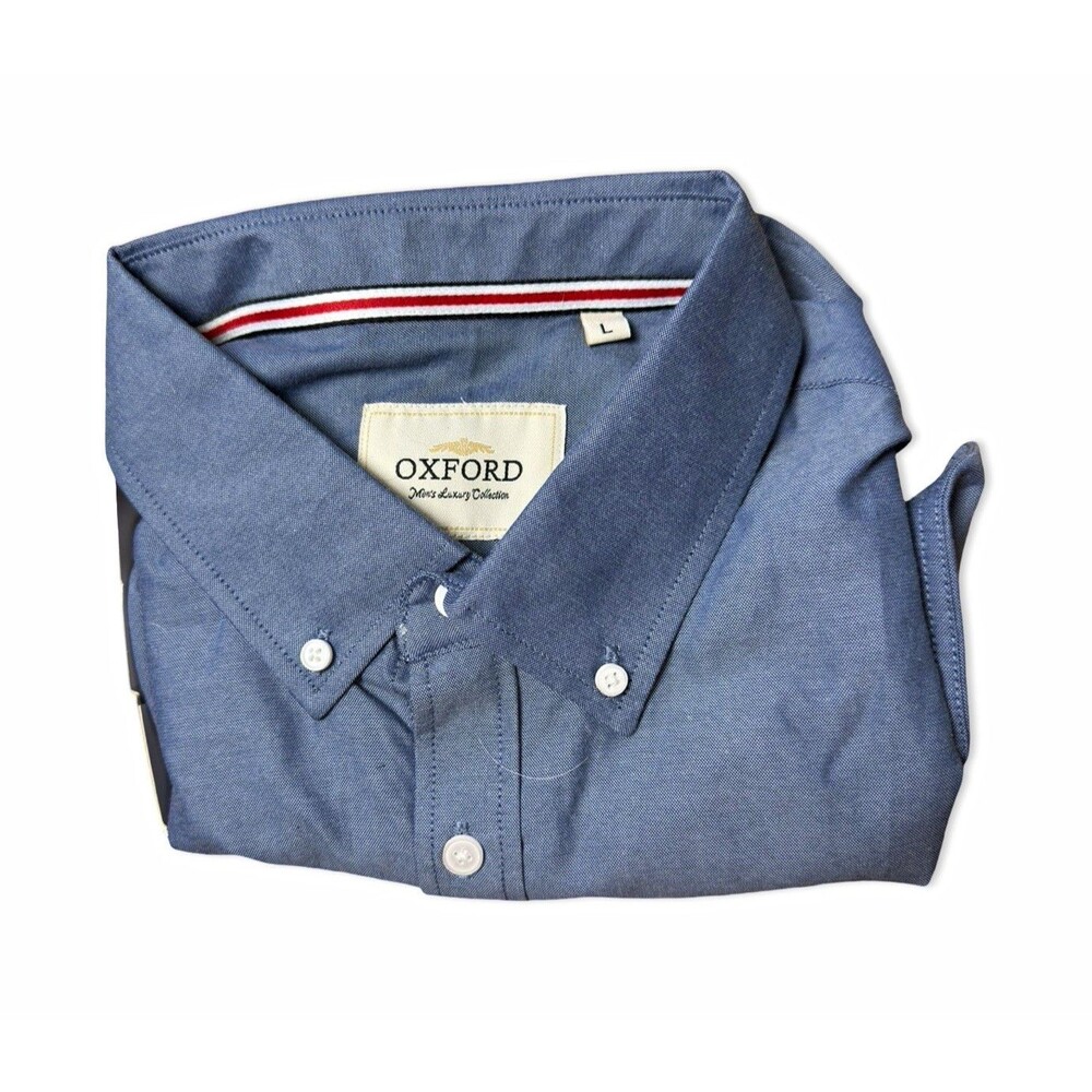 Oxford Mens L Blue Solid Woven Cotton Button-Down Long Sleeve Shirt Pockets